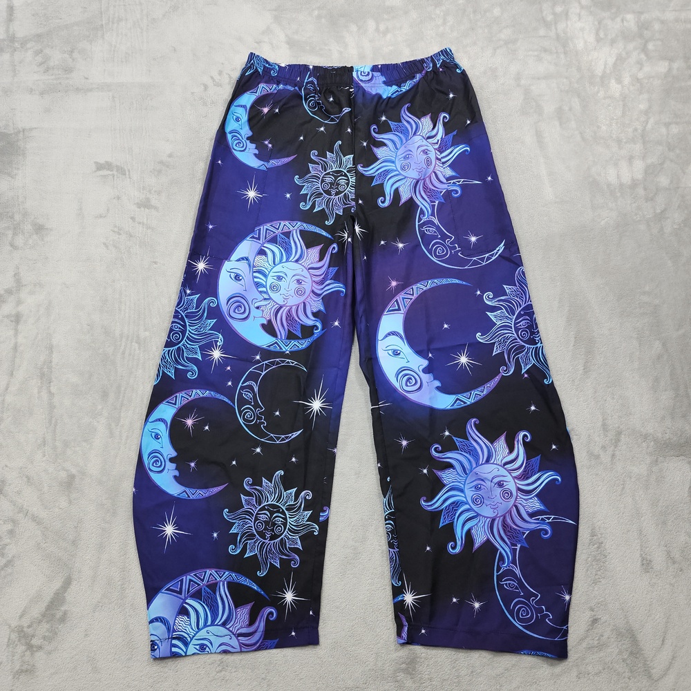 Galaxy Space Pants Womens XL Blue Wide Barrel Leg Star Moon Celestial Casual